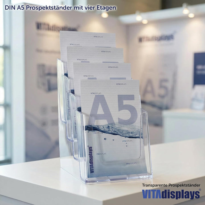 2 Stk. DIN A5 Tischprospektständer mit vier Etagen, Flyerständer, transparenter Flyerhalter und Pros