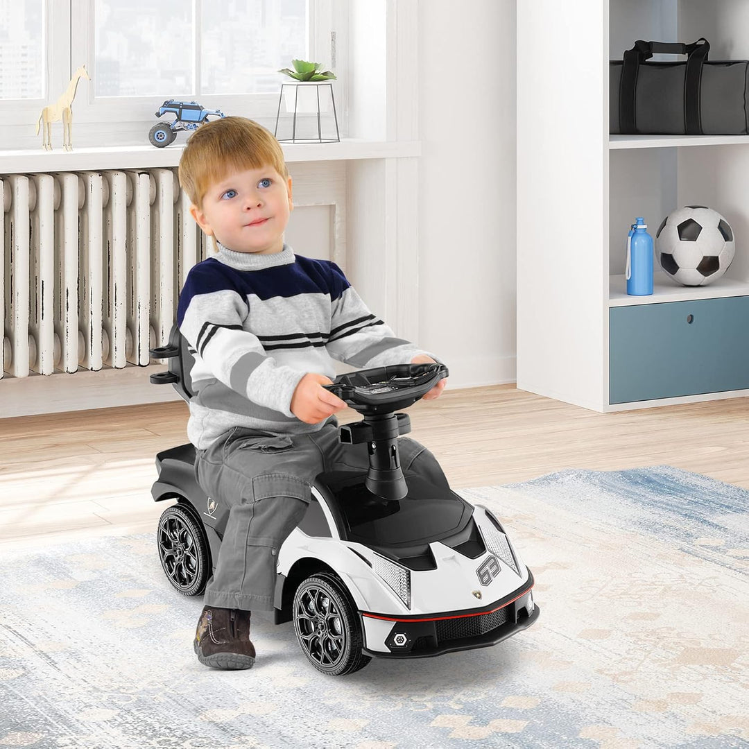 DREAMADE Rutschauto Lamborghini, 3 in 1 Rutschfahrzeug mit Schiebestange, Hupe, Stauraum & Verstellb