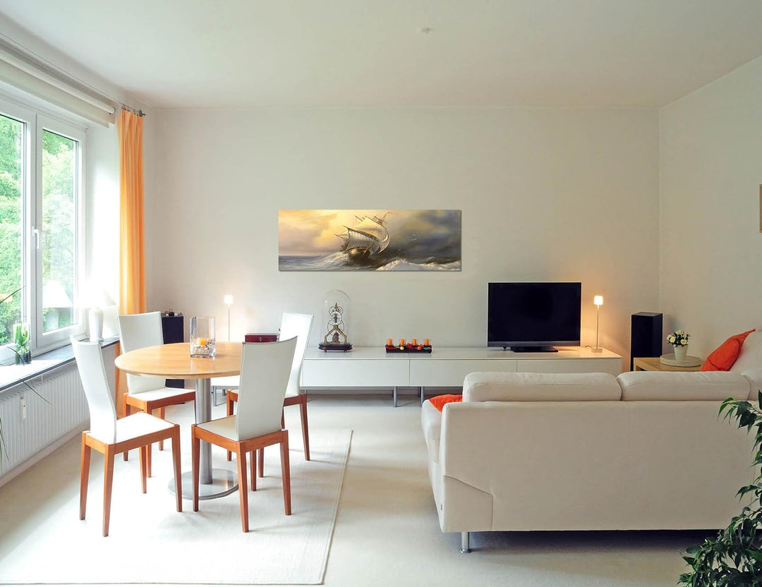 Paul Sinus Art Panoramabild auf Leinwand und Keilrahmen 150x50cm Meer Sturm Wellen Segelschiff