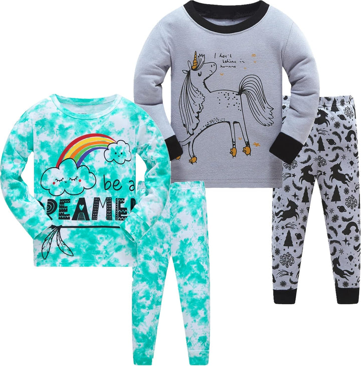 LOLPIP Mädchen Pyjamas 100% Baumwolle Schlafanzug für Kinder Schlafkleidung Langarm 4 Stück Set 1-12