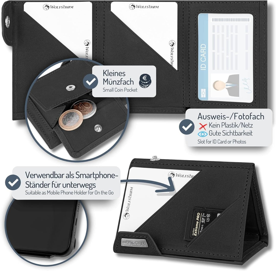 Wolfstrøm Slim Wallet mit Münzfach 'Ludvig' I 7+1 Karten Mini Geldbörse Herren klein, RFID Blocker I