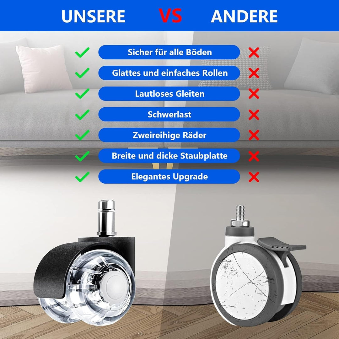 Bürostuhl Rollen 5er Set, 10mm x 22mm Hartboden Rollen für IKEA und Topstar, Superleise Rollen für H