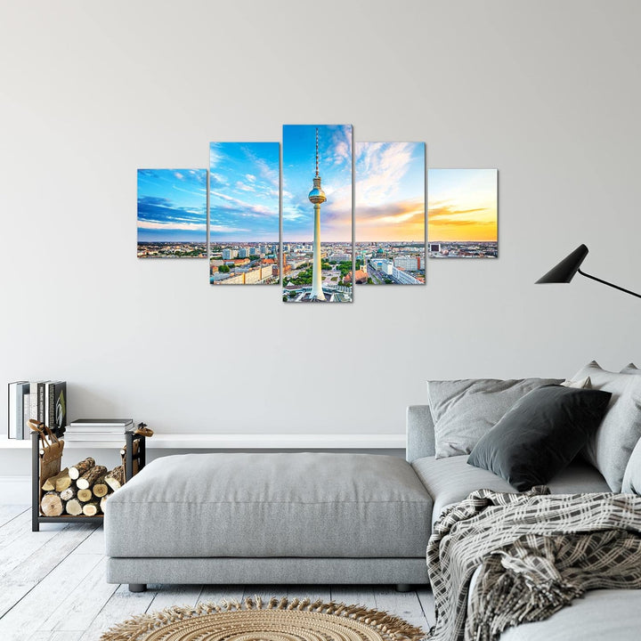 Runa Art Bild Wohnzimmer Büro Berlin Fernsehturm 5 Teilig Städte Blau Bunt Wandbilder auf Vlies Lein