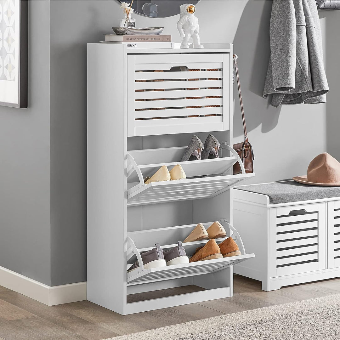 SoBuy Schuhschrank Hoch Weiss, Schuhkipper mit 3 Klappen und 6 Ablageflächen, Schuhkommode für Flur