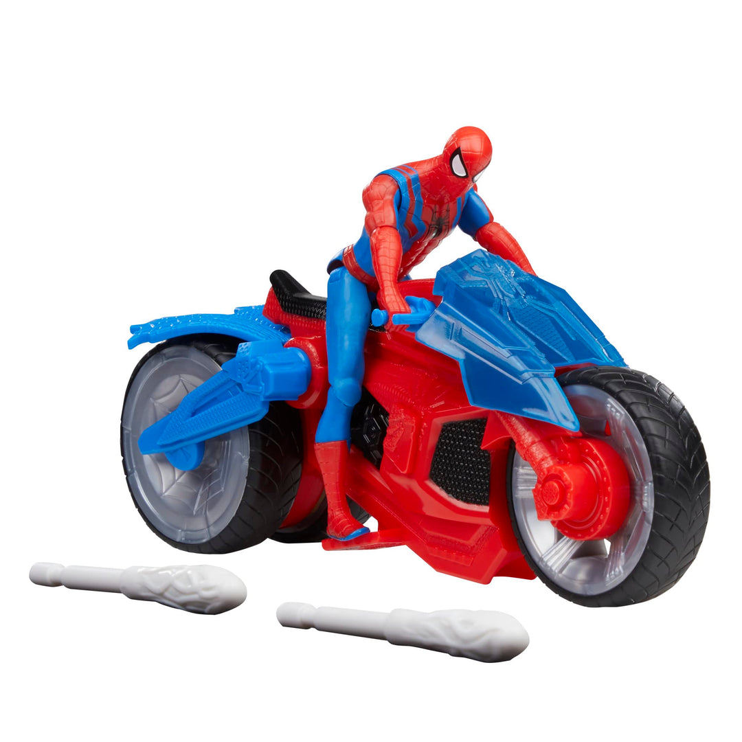 Spider-Man Marvel Web-Motorrad Spielzeug-Set mit 10 cm grosser Action-Figur und 2 Netz-Projektilen