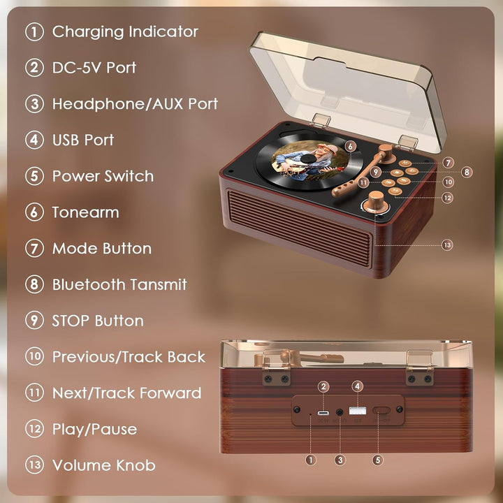 Gueray Tragbarer Bluetooth CD-Player mit Lautsprechern 3600mAh Wiederaufladbarer Vintage CD Spieler