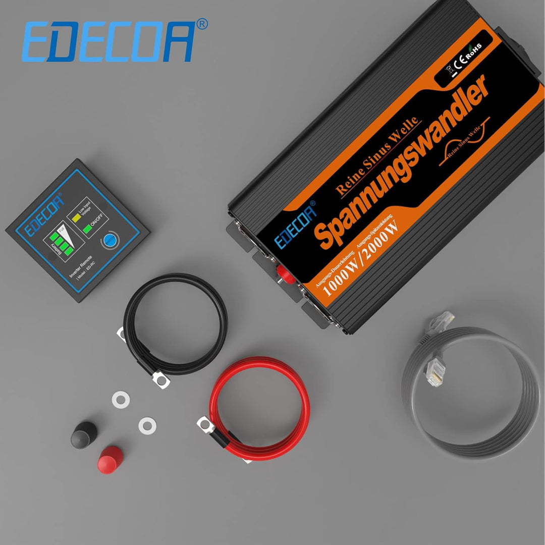 EDECOA Wechselrichter Reiner Sinus 12v 230v Spannungswandler 1000w 2X USB und Fernbedienung Auto wec
