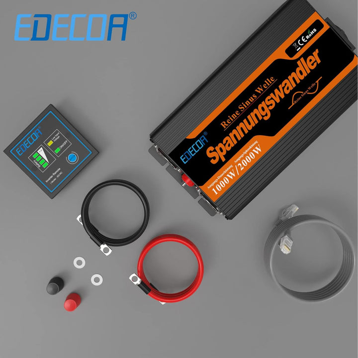 EDECOA Wechselrichter Reiner Sinus 12v 230v Spannungswandler 1000w 2X USB und Fernbedienung Auto wec