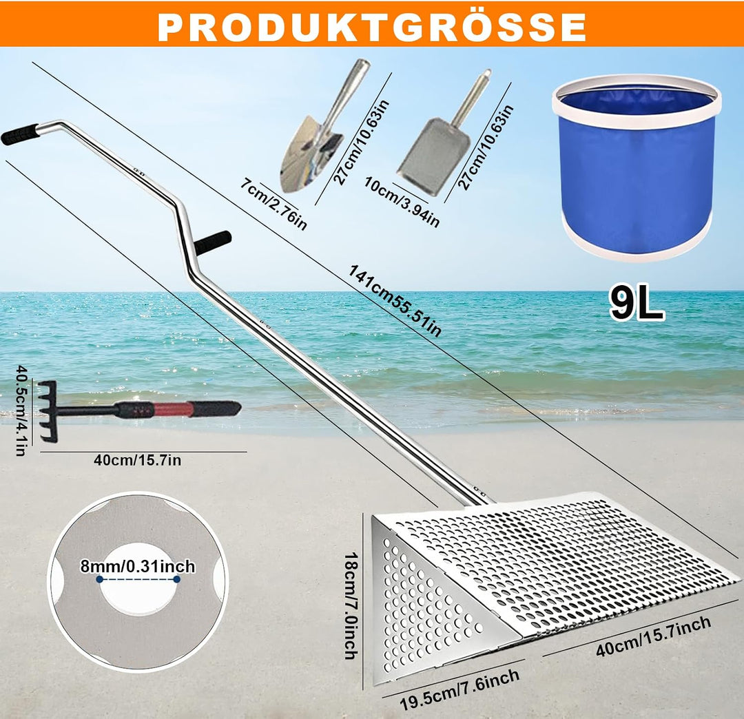 Strandrechen, Sandflohharke Set Aus Edelstahl, Abnehmbarer Langer Stiel | Mit Eimer, Handschuhe, Sch