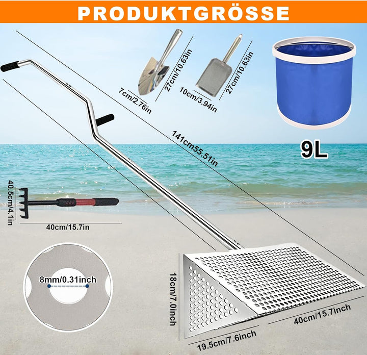 Strandrechen, Sandflohharke Set Aus Edelstahl, Abnehmbarer Langer Stiel | Mit Eimer, Handschuhe, Sch