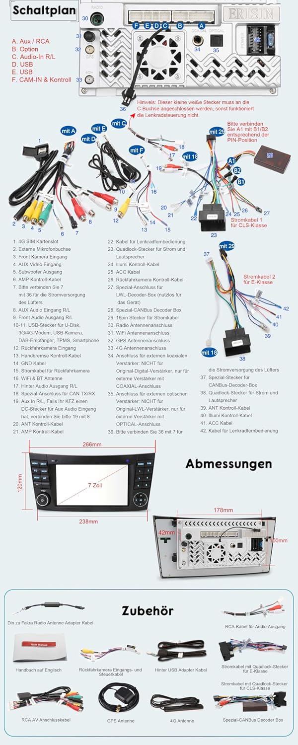 Erisin 7" Qualcomm 8-Kern 4GB+64GB Android 14 Autoradio Bluetooth 5.1 für Mercedes Benz E‑Klasse W21