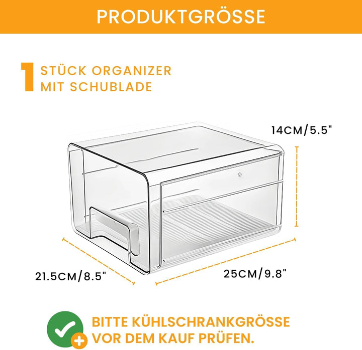 Kühlschrank-Organizer Schublade (1 Stück) – Stapelbarer, transparenter Fridge Organizer & Küchen-Org