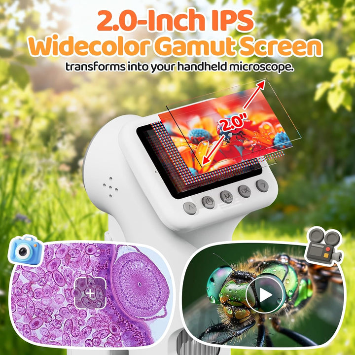 1600X Mikroskop für Kinder, 4K 2,0" IPS-Bildschirm Kinder Mikroskop mit wissenschaftlichen Kits, lus