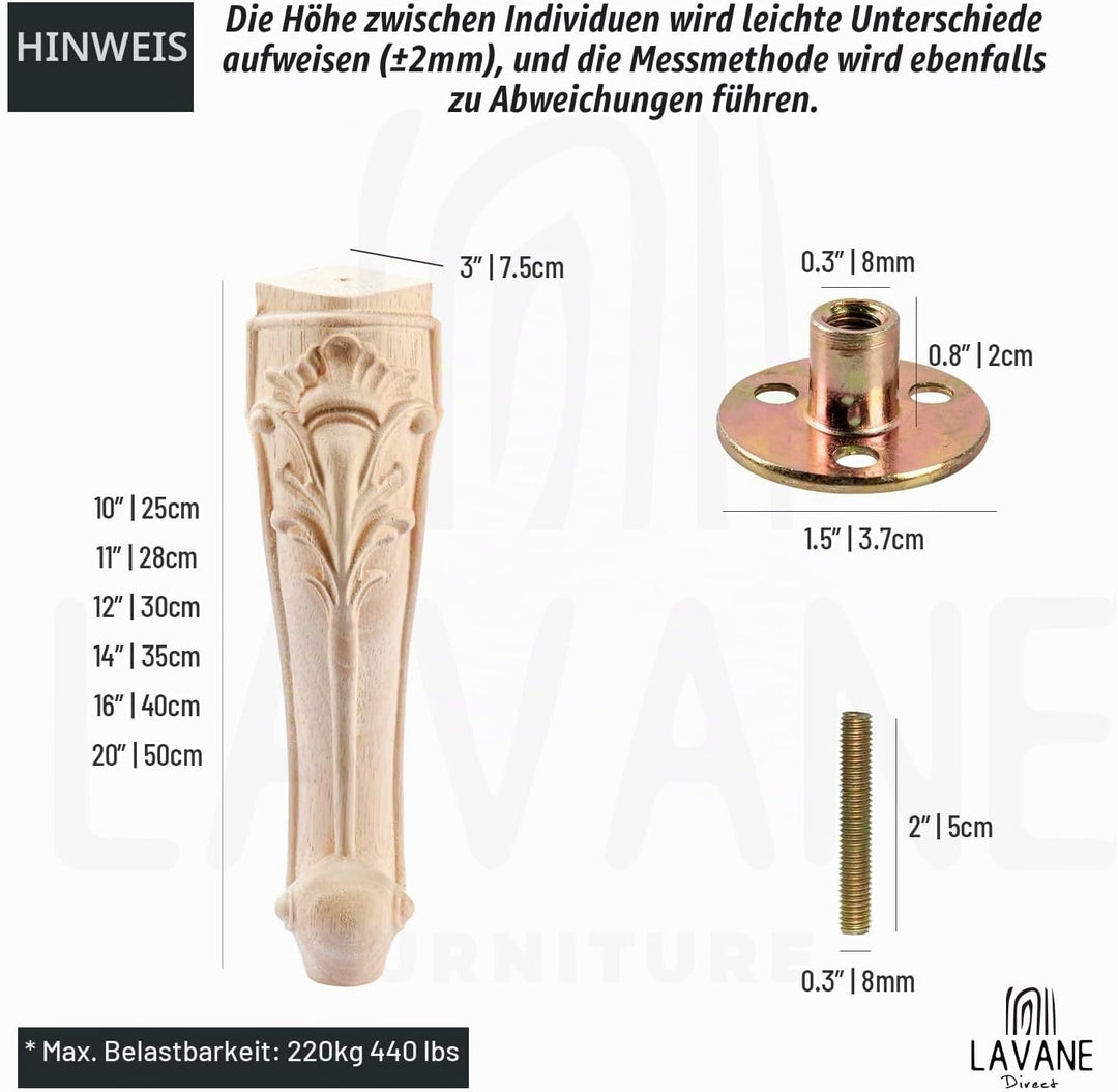 La Vane 4 Stück Massivholz Möbelfüsse 35cm (14 Zoll) - Europäischer Stil Handgeschnitzte Tischbeine,