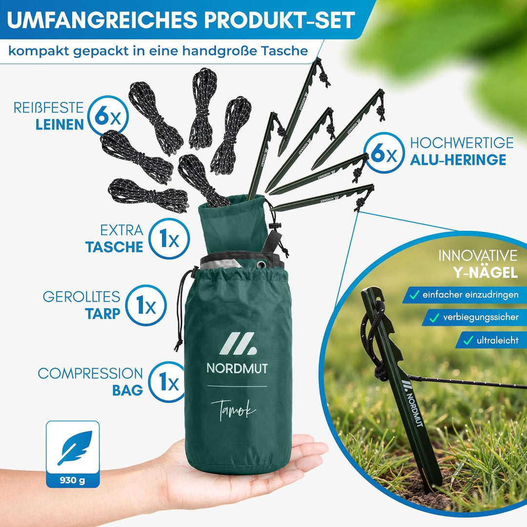 NORDMUT® Tarp 3x3/4m wasserdicht für optimalen Regen- und Sonnenschutz – Robuste Zeltplane kleines P