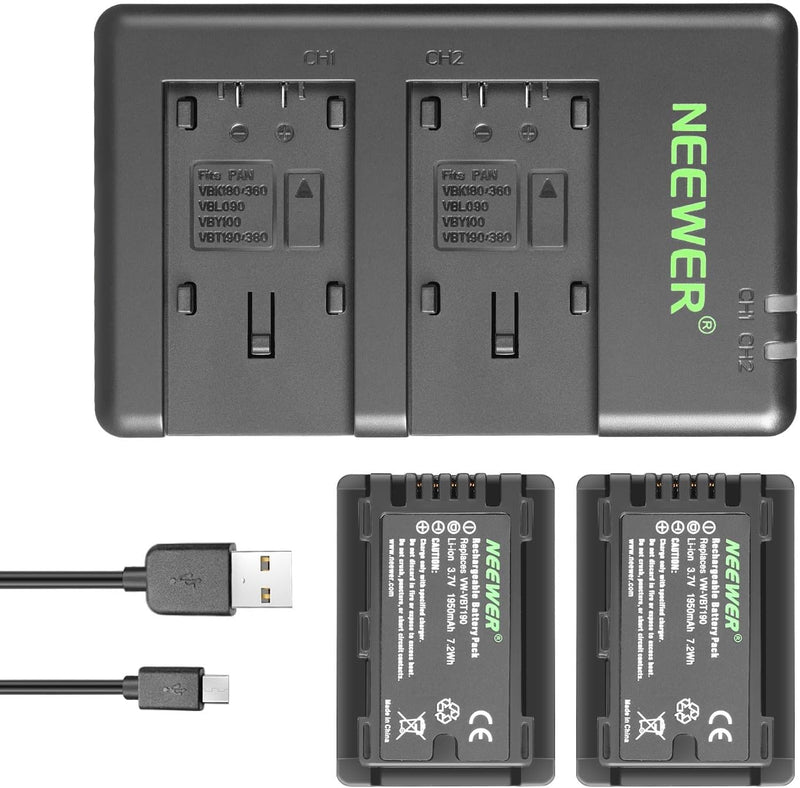 Neewer VW-VBT190 Akku (2er Pack / 1950 mAh) und Dual USB Ladegerät Set Kompatibel mit Panasonic HC-V