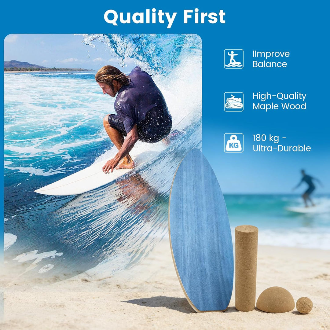 Surfin Balance Board, Balance Board Holz mit Rolle, Halbkugel und Balance Ball, Indoor Surfboard und