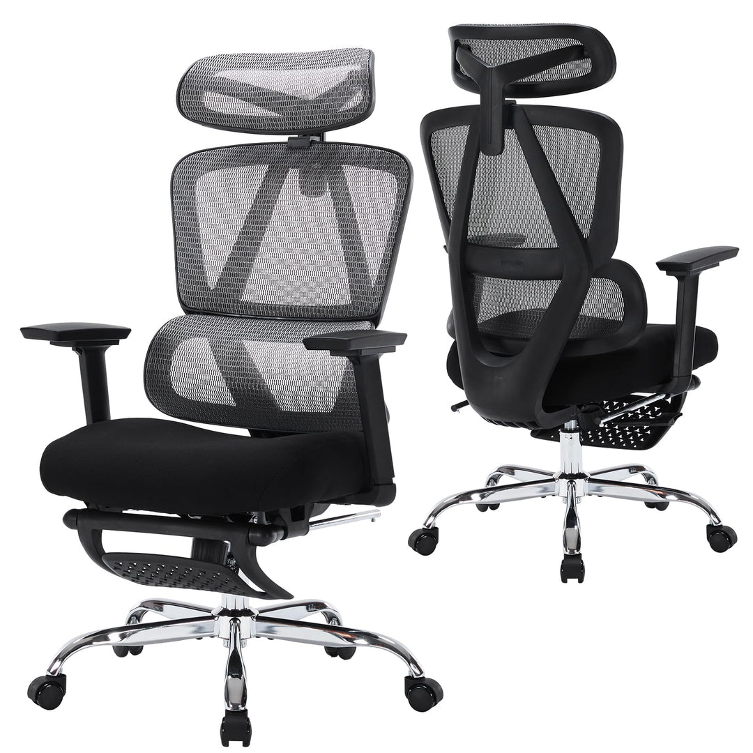Bürostuhl Ergonomisch, Schreibtischstuhl aus Netzgewebe mit Kopfstütze, Fussstütze und 3D-Armlehnen,