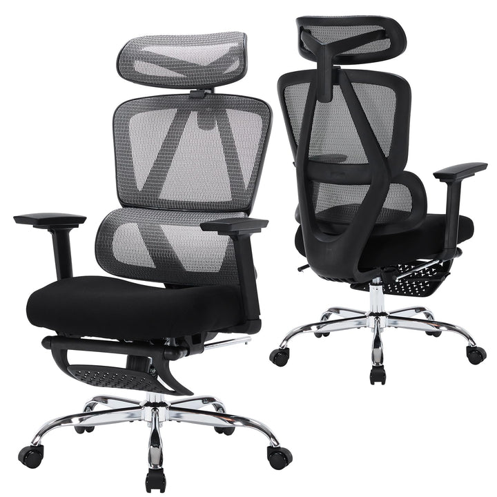 Bürostuhl Ergonomisch, Schreibtischstuhl aus Netzgewebe mit Kopfstütze, Fussstütze und 3D-Armlehnen,