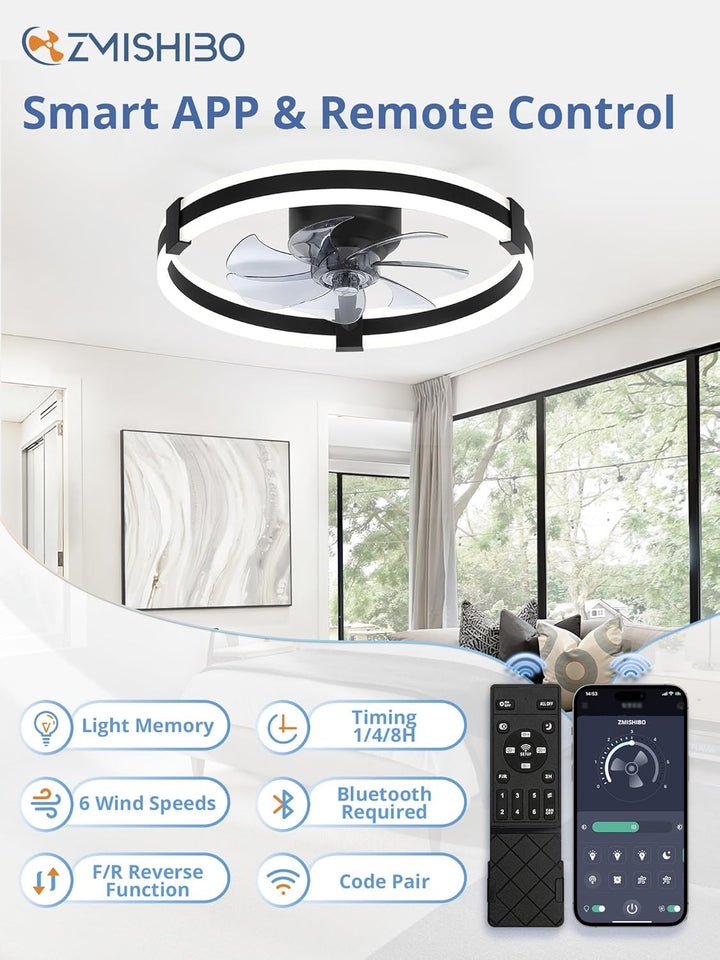 ZMISHIBO Deckenventilator mit Licht 51 cm Schwarz,Deckenventilator mit Beleuchtung,leise DC Motor,6