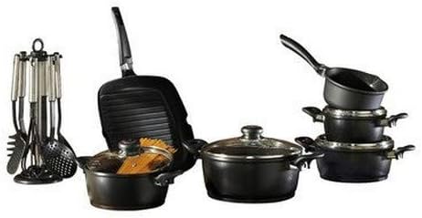 Krüger Aluguss Topfset Schwarz 17-tlg|Antihaft|Töpfe, Grillpfanne &amp; | Antihaft-Versiegelung|Backofen