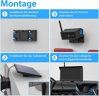 Lescars Display Rückfahrkamera: 2in1-Solar-Funk-Rückfahrkamera- & Überwachungs-Set, Full HD 7"-Monit