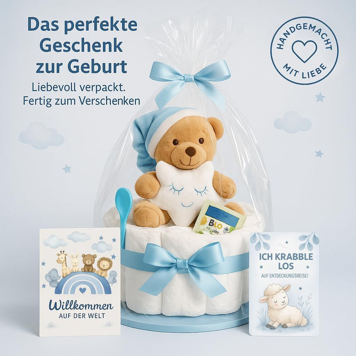 Windeltorte Junge in Blau mit Kuscheltier, Baby Geschenk zur Geburt | handgefertigt, mit Windeln &amp; G