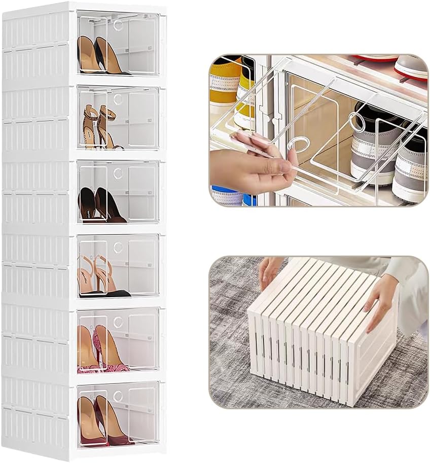 OHMG 6 Stück Schuhboxen, Aufbewahrungsboxen aus Kunststoff, transparent, stapelbar, faltbar, Regal f