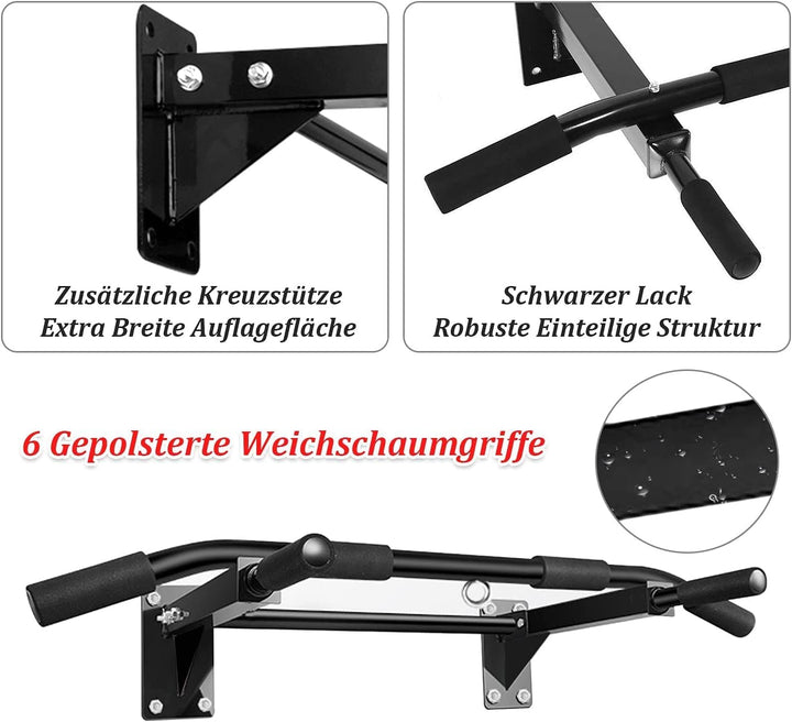 Klimmzugstange Wand &amp; Türrahmen – 4-in-1 Pull Up Bar Trainingsgeräte mit 6 rutschfesten Griffen, Dip