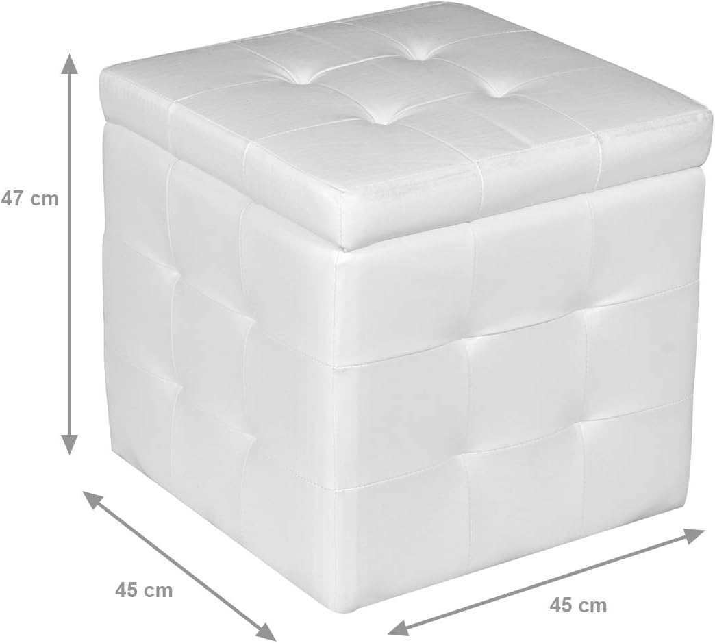 Dmora Pouf-Behälter aus Kunstleder, Farbe weiss, 45 x 47 x 45 cm Bianco, Bianco