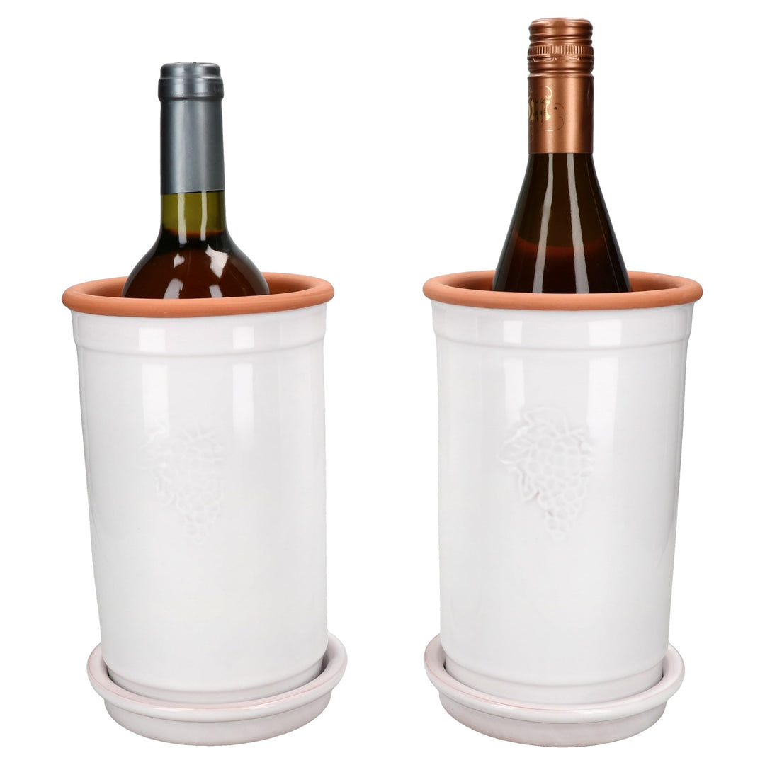 MamboCat | 2er Set Ton-Weinkühler + Untersetzer weiss lasiert I Ø 12,5 cm I H 21 cm I Flaschen-Kühle