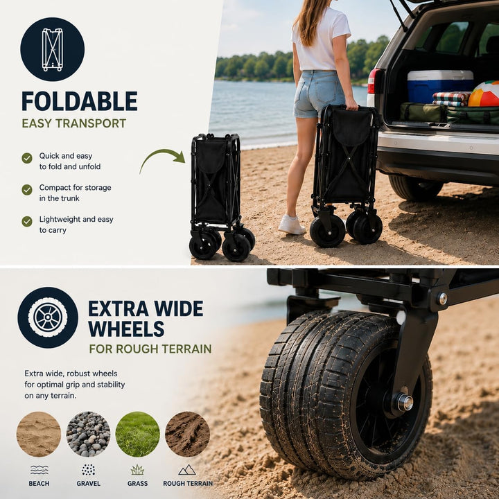 Klappbarer Bollerwagen XL - Transportwagen - Extra Breite PVC-Geländeräder - 180 kg Tragkraft - Vers