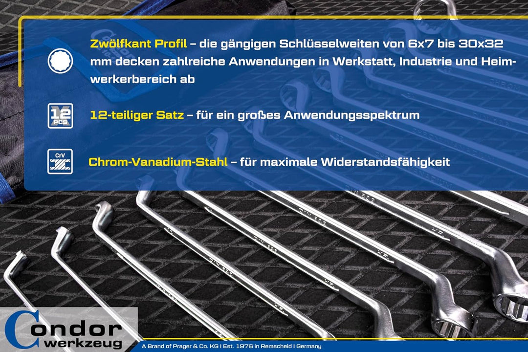CONDOR Werkzeug 10-12T | Doppel-Ringschlüssel-Satz | 12-tlg. | gekröpft | SW 6 x 7-30 x 32 mm | Chro