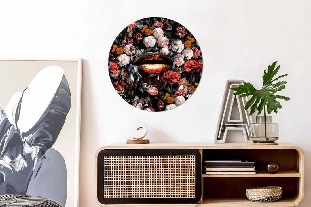 Wandbild Rund Wanddeko Deko Wohnzimmer Bilder 60x60 cm Lippen - Blumen - Farbe - Orange - Kunst - Ab