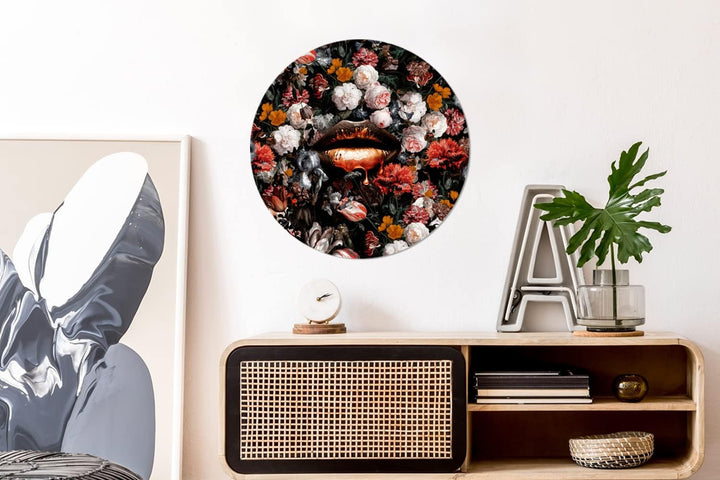 Wandbild Rund Wanddeko Deko Wohnzimmer Bilder 60x60 cm Lippen - Blumen - Farbe - Orange - Kunst - Ab
