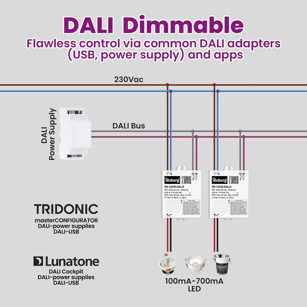 illuburg LED Trafo Dimmbar Dali Push 100mA - 700mA Ausgang Einstellbar 12W Flickerfree LED Netzteil