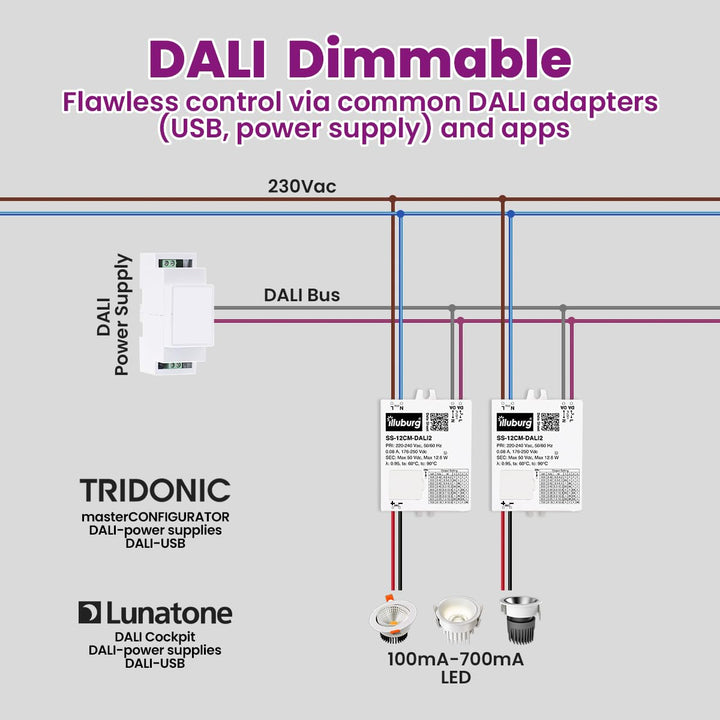 illuburg LED Trafo Dimmbar Dali Push 100mA - 700mA Ausgang Einstellbar 12W Flickerfree LED Netzteil