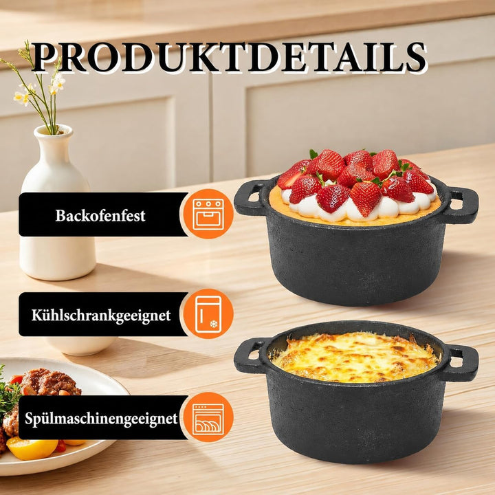 4er Set Mini Gusseisentopf 250 ml, Cocotte mit Deckel für Tapas & Dips | Kleine Auflaufform aus mass