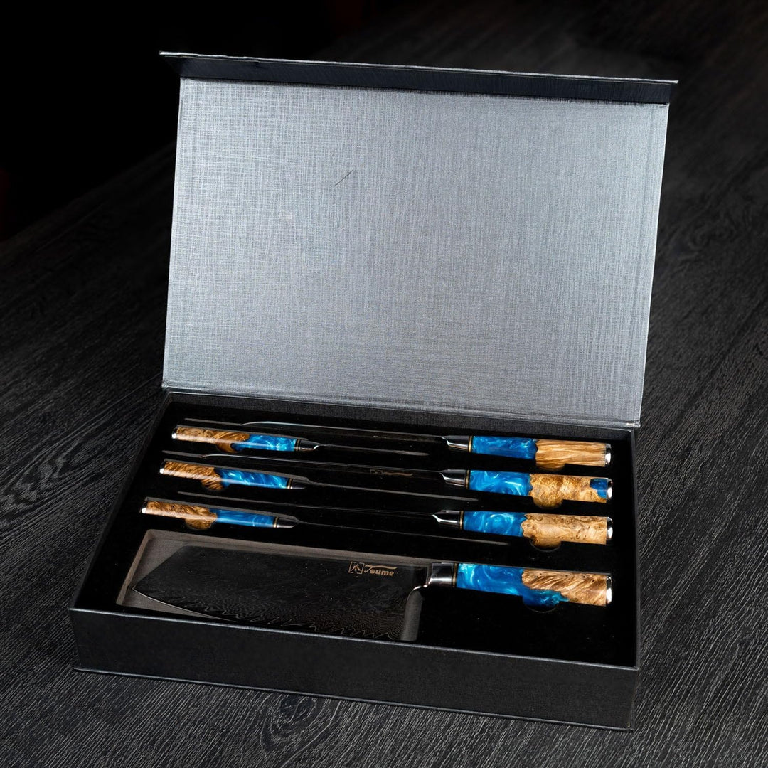 Tsume Profi Set Saphir, Messerset mit 7 Premium Küchenmessern, Echte Damast Küchenmesser, 67 Schicht