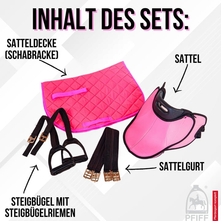 PFIFF 103106 Sattelset für Shettys oder Holzpferde, Komplettset, Kindersattel, Pink, Pink
