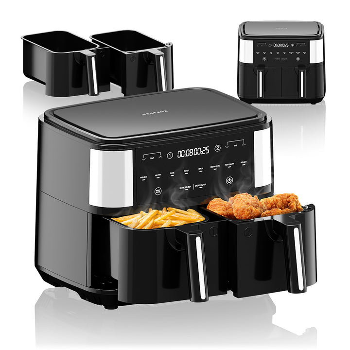 VERTENZ Taste 90 | Heissluftfritteuse Airfryer 9L in Zwei Körben Doppelkammer | 8 Automatische Menüs