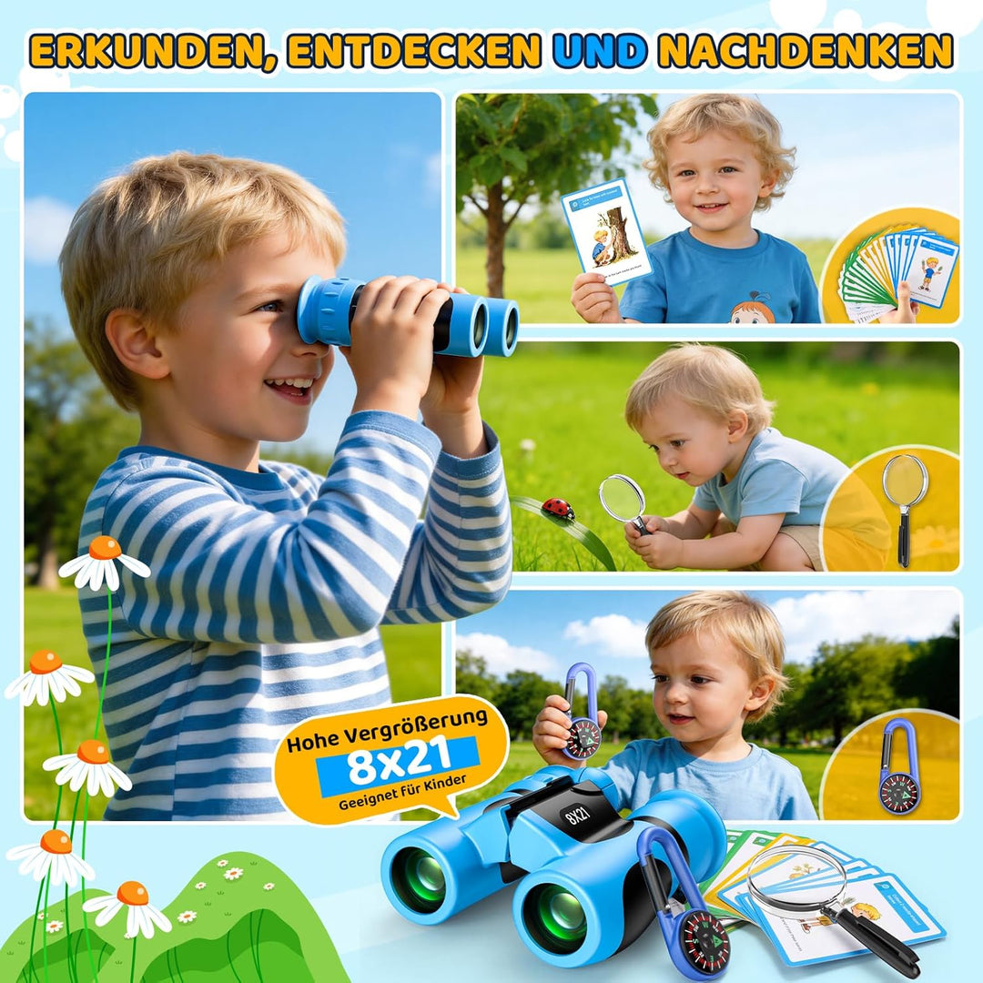 Fernglas für Kinder 8X21 mit Lupe & Kompass & Entdeckerkarten, Ostergeschenke für Junge, Spiele & Sp