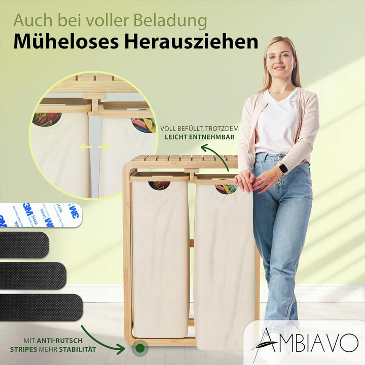 Wäschekorb 2 Fächer beige, schmal & 100 L Bambus · Wäschesammler mit Ablage · 50 L pro Fach · heraus