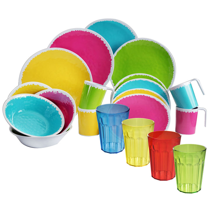Camping Geschirr Set aus Melamin für 4 Personen - 20 Teile - mit Trinkgläsern Bunt 450 ml - Essgesch