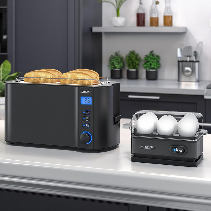 Arendo - SET Toaster MANHA mit Eierkocher SIXCOOK Edelstahl Schwarz, Toaster 4 Scheiben, LED-Display
