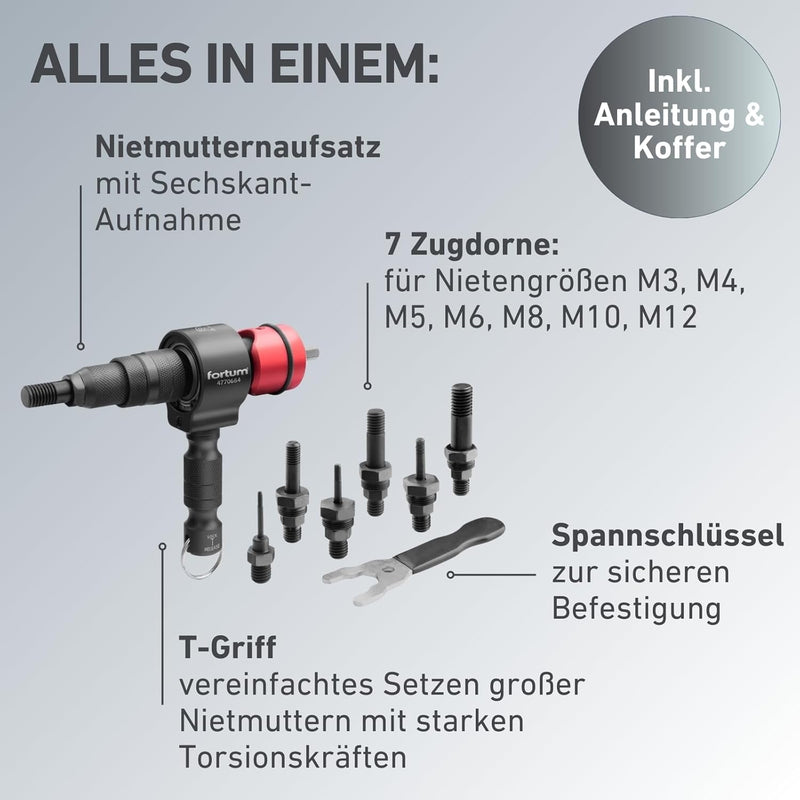 Nietaufsatz für Bohrmaschine oder Akkubohrer für Nietmuttern M3-M12 aus Alu, Stahl, Edelstahl (7 Nie