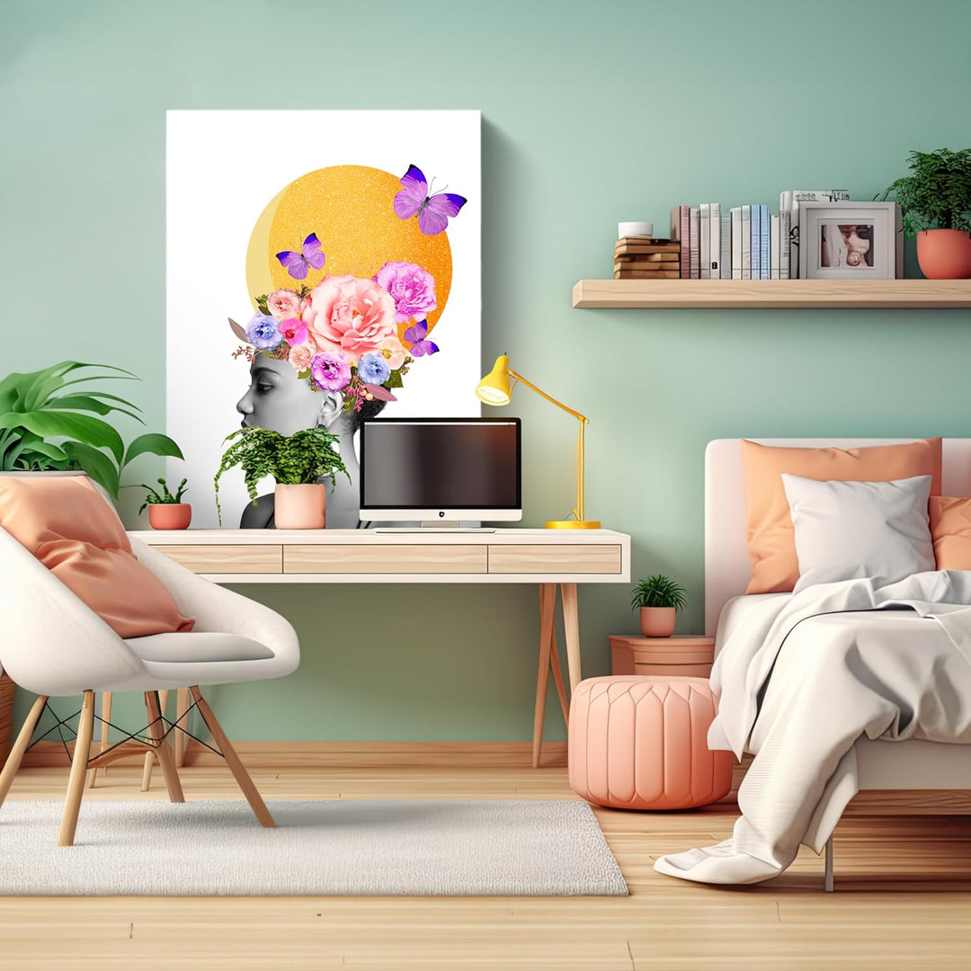 wandmotiv24 Leinwandbild Digital Art, 100x75cm, Hochformat, Frau, Blumen, Schmetterling, Deko, Bilde