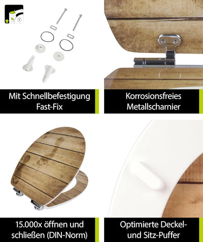 'aquaSu® WC-Sitz mit Absenkautomatik, Holz Dekor Foot Print, High Gloss, Toilettensitz mit Holz-Kern