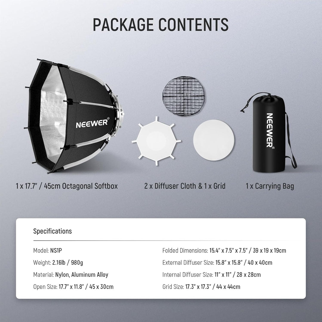 NEEWER 45cm Octagon Softbox Bowens Halterung, Schnellverschluss Achteckige Softbox, Diffusoren/Waben