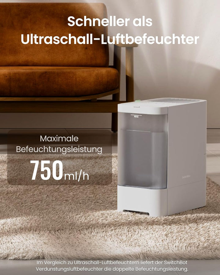 SwitchBot Verdunstungsluftbefeuchter, 750 ml/h, 4,5-L-Tank, ohne Nebel/weissen Staub, Top-Fill, wasc